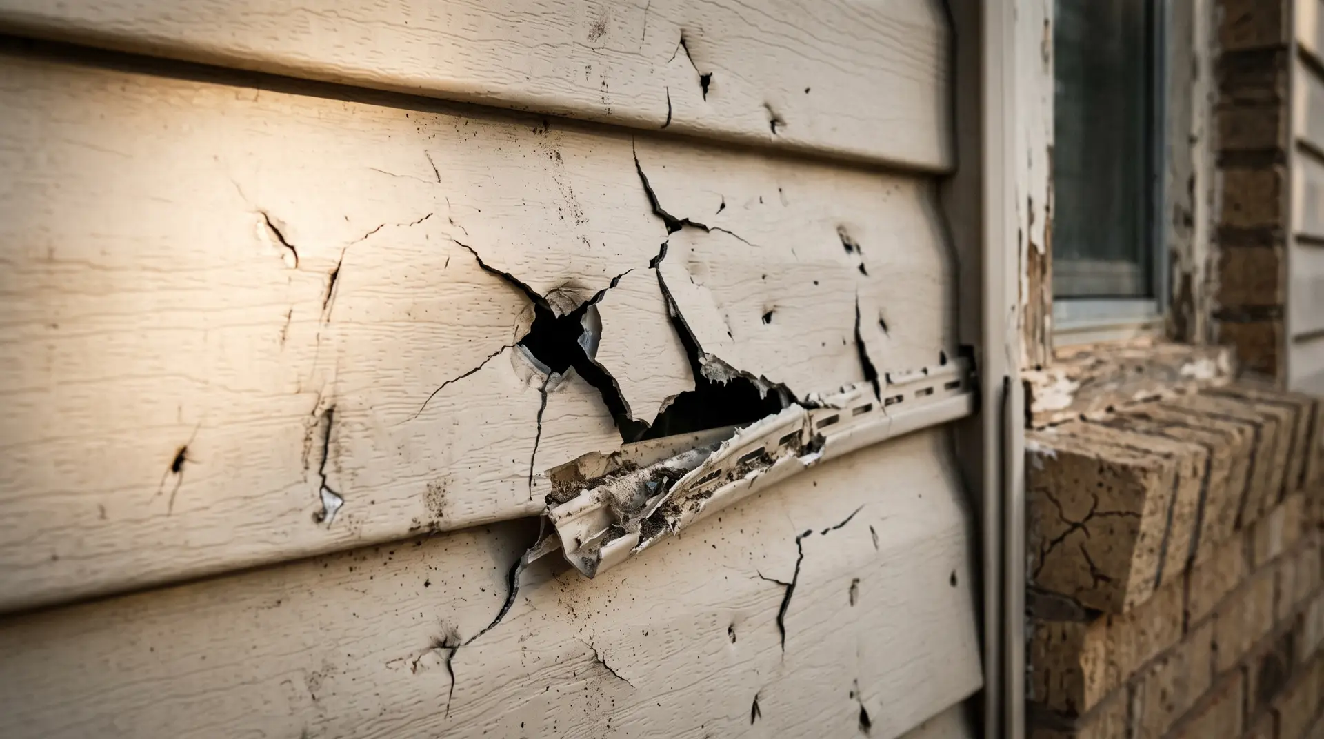 Close detail of a cracked vinyl siding panel and broken locking edge after a hailstorm
