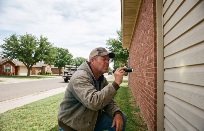 Low angle view of hail damage siding cracks on the west wall of a Lubbock home