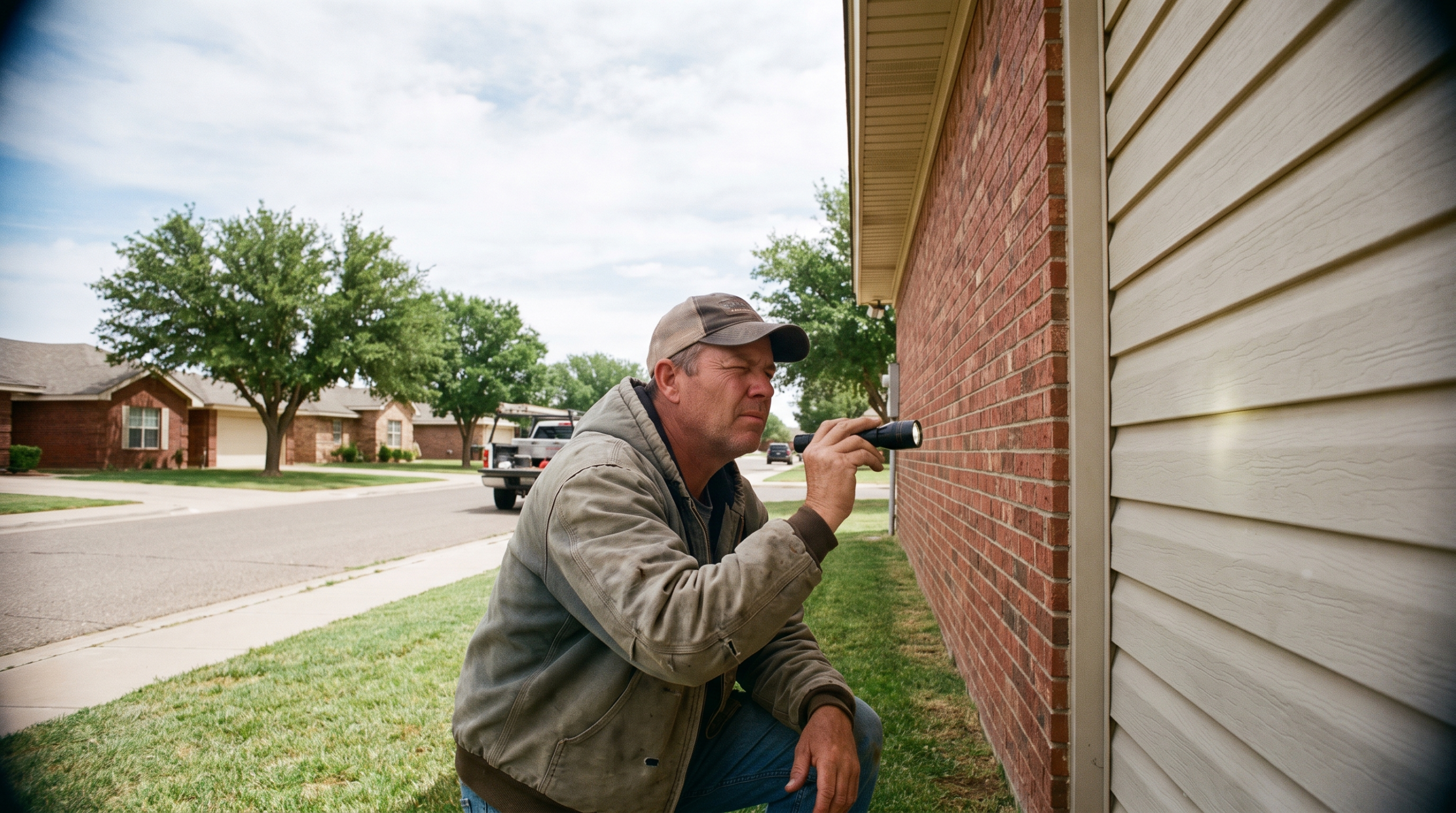 Low angle view of hail damage siding cracks on the west wall of a Lubbock home