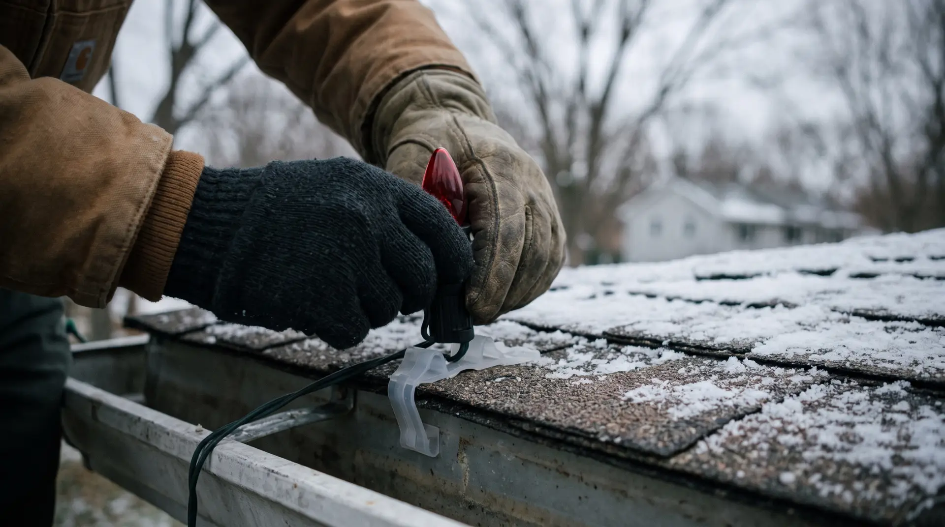 C9 LED bulbs clipped at twelve inch spacing across a shingle roof edge