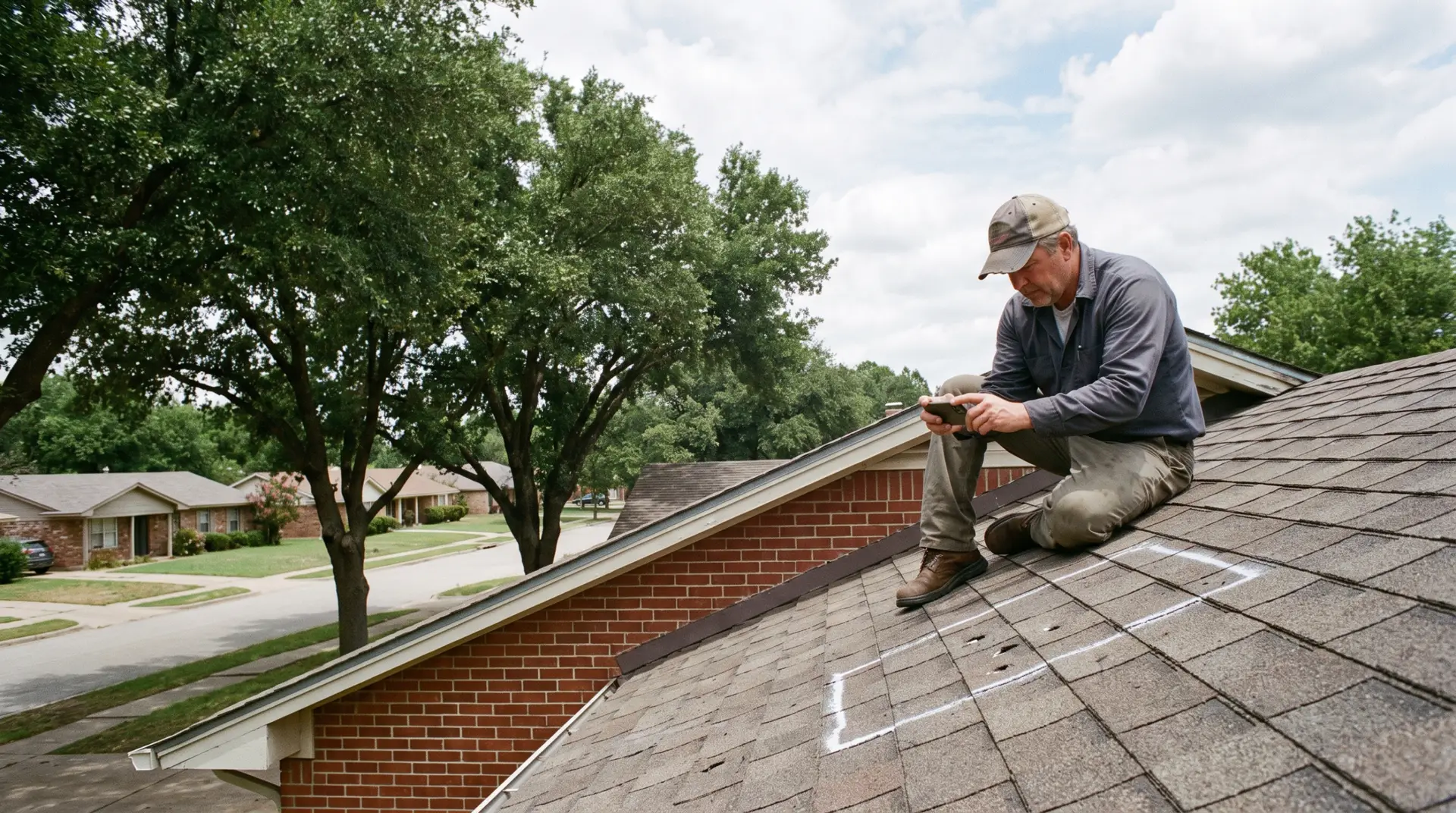 Roofer marking hail bruises with chalk on a Lubbock asphalt shingle roof