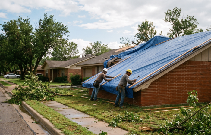 Roofer installing emergency roof tarping with wood battens over the ridge on a Lubbock home