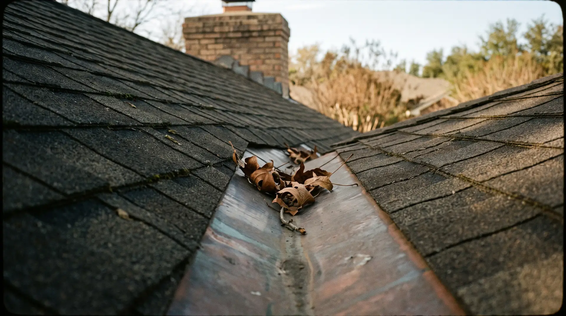 Close detail of valley metal and step flashing where a two-story wall meets a lower roof