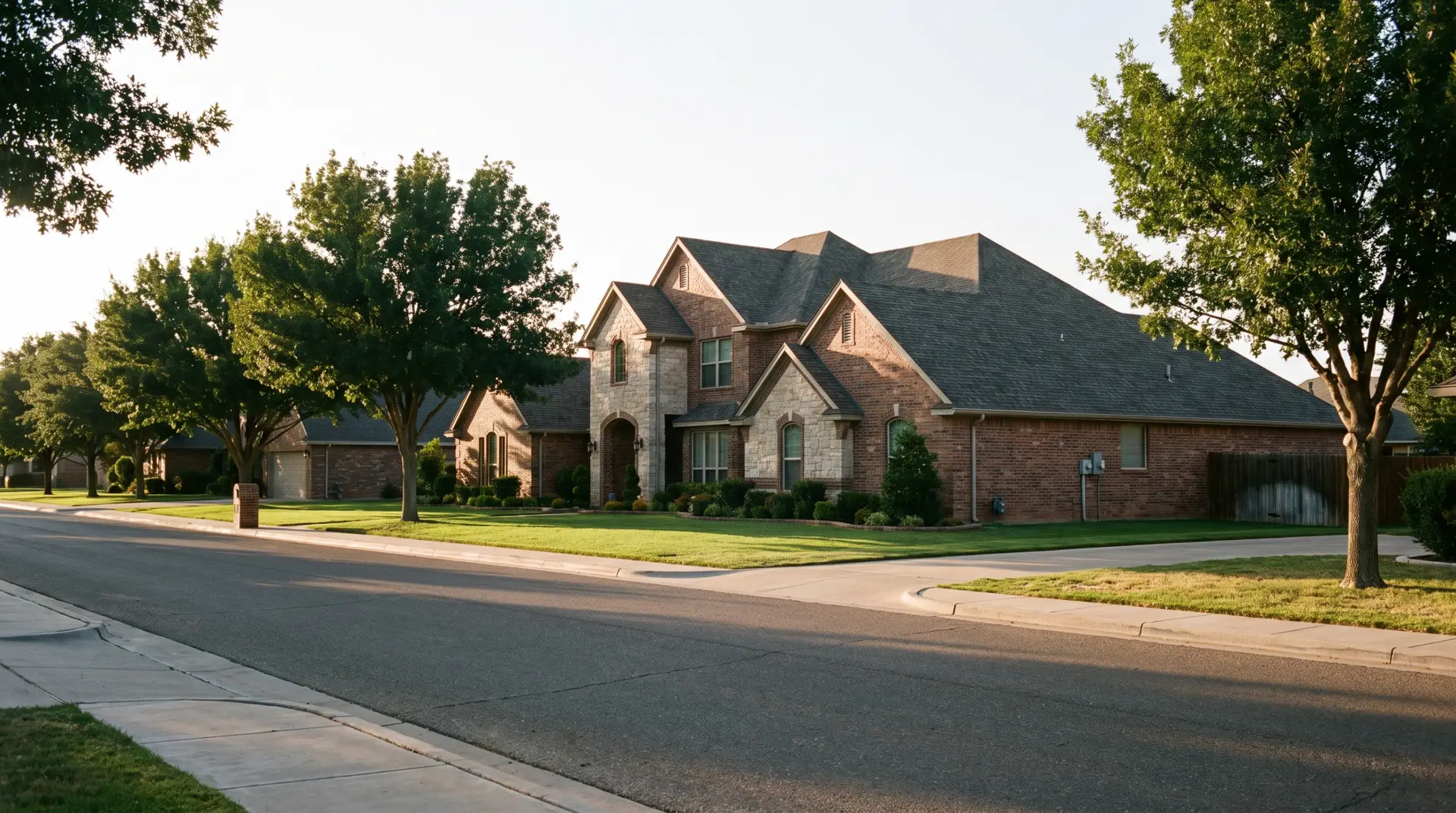 Finished architectural shingle roof on a large brick home in west Lubbock