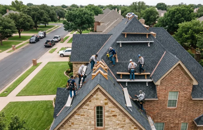 Complex Lakeridge roofing lines with multiple gables and valleys on a Lubbock home