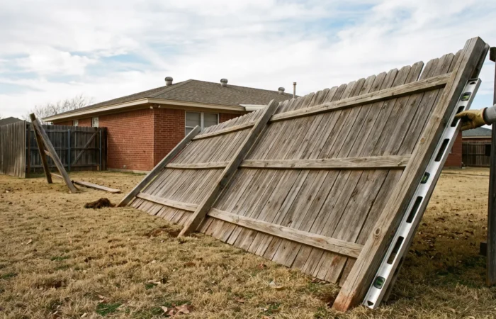 Leaning fence in a Lubbock backyard tilted sideways after 60 mph spring winds