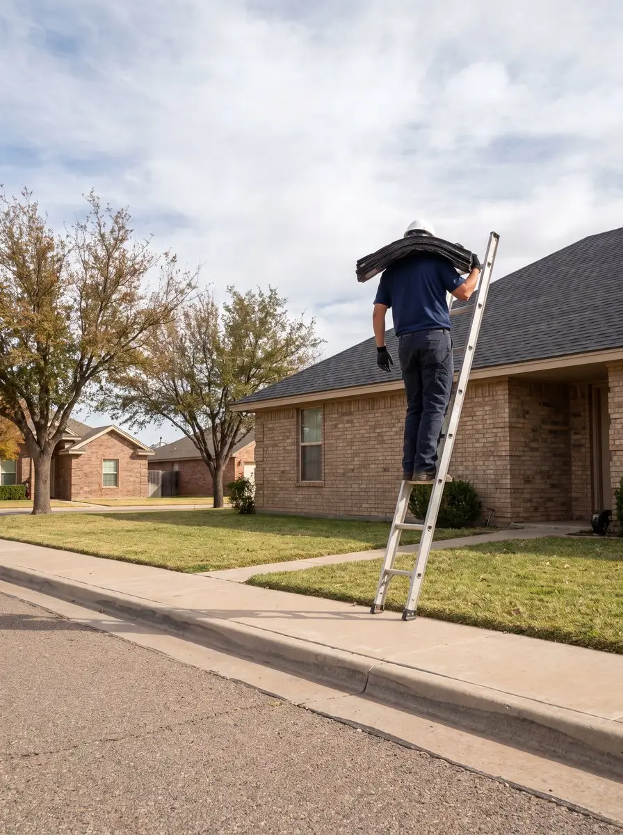 Levelland roofing contractor carrying a bundle of shingles up a ladder to a tan brick ranch home
