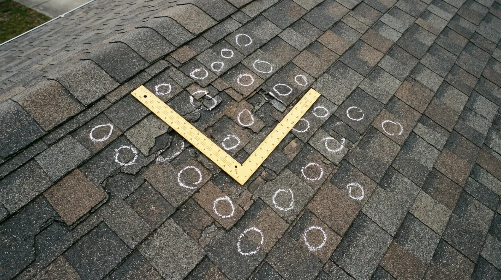 Close-up of hail impact craters and lost granules on a weathered shingle slope