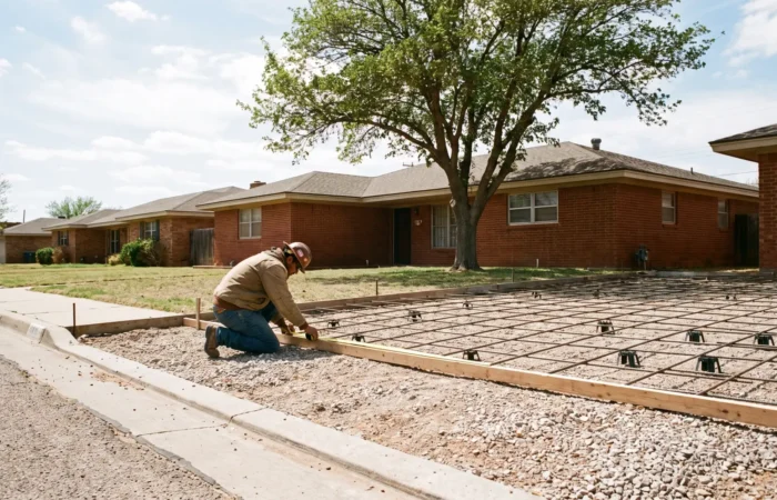 Correct concrete thickness measured with a tape at the edge of a fresh Lubbock driveway pour