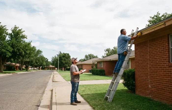 Homeowner measuring a Lubbock roof line to work out how many Christmas lights do I need this year