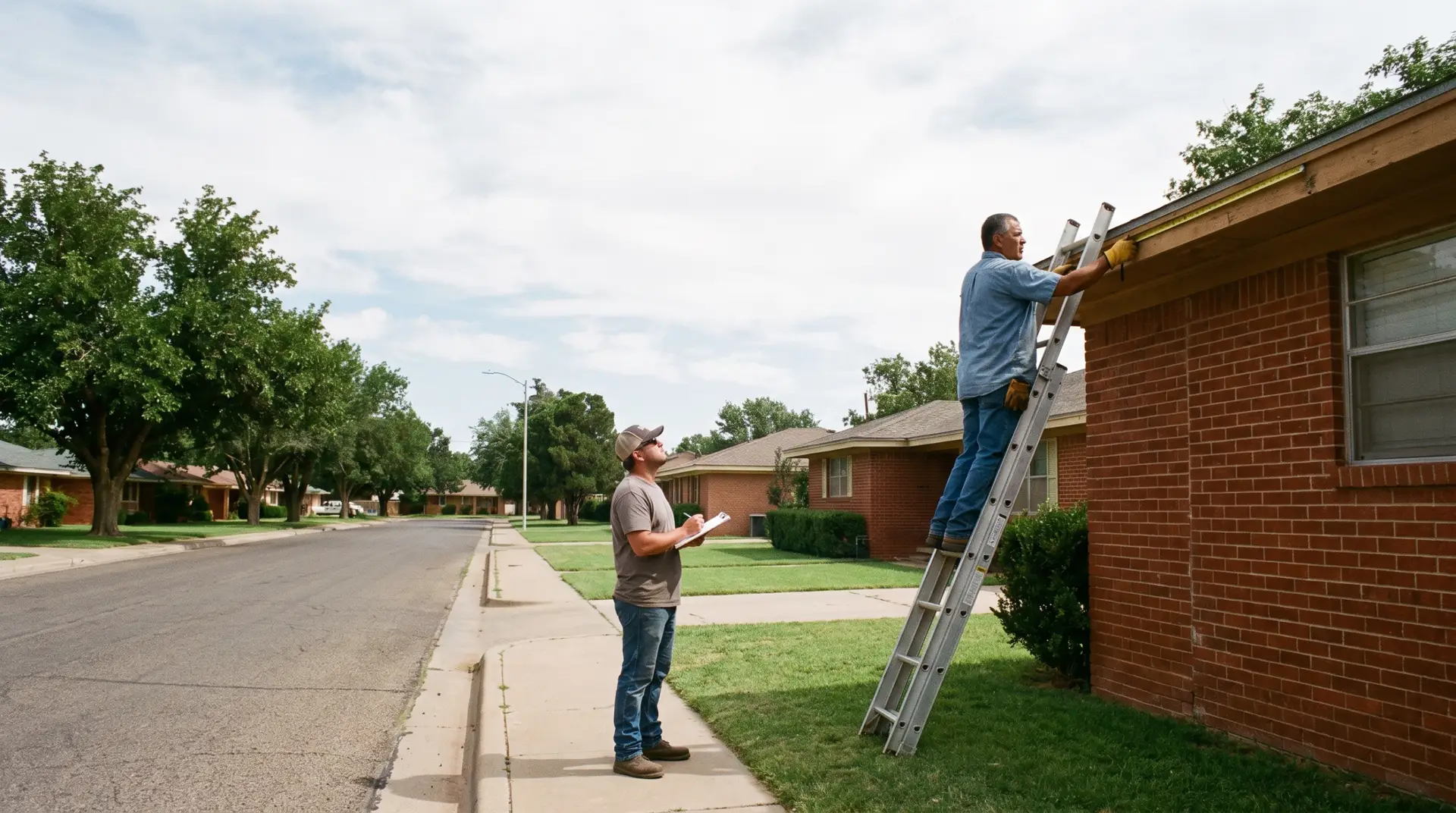 Homeowner measuring a Lubbock roof line to work out how many Christmas lights do I need this year