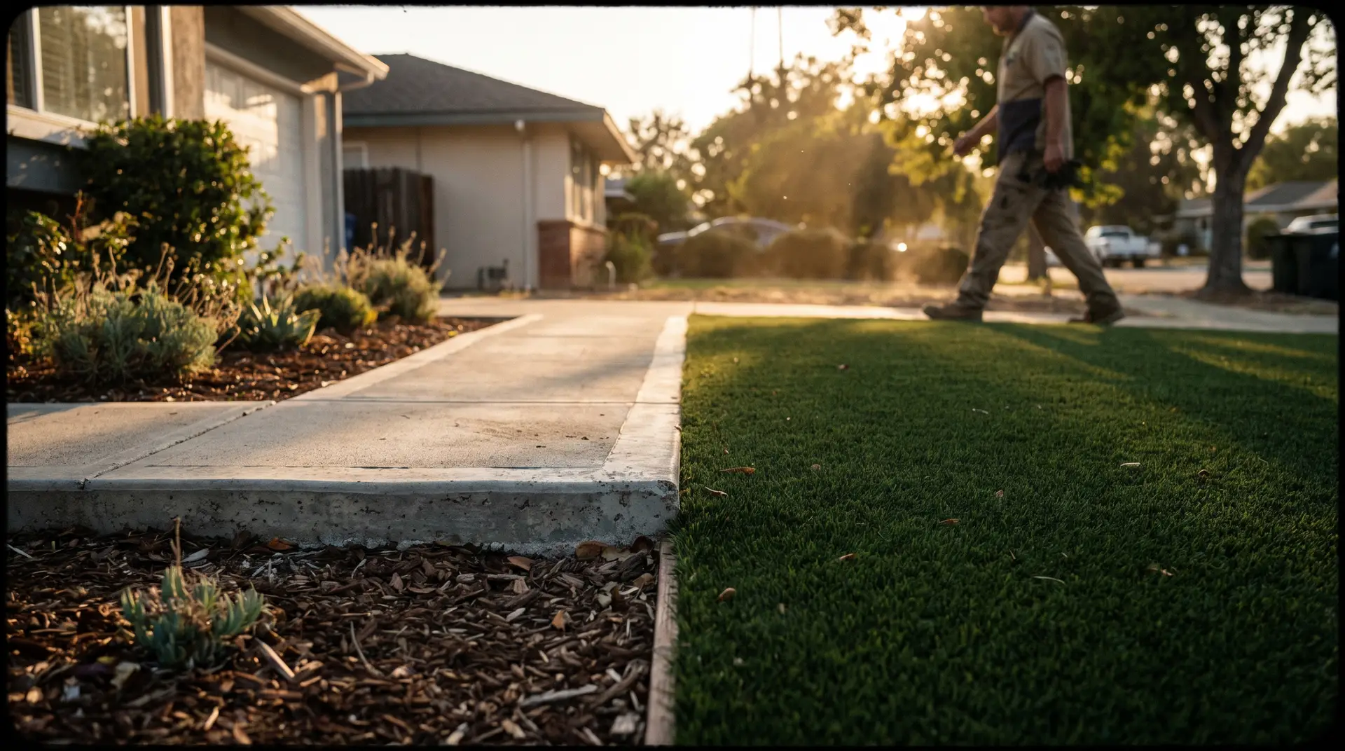 Freshly stained cedar fence and broom-finished walkway at a West Texas front entry
