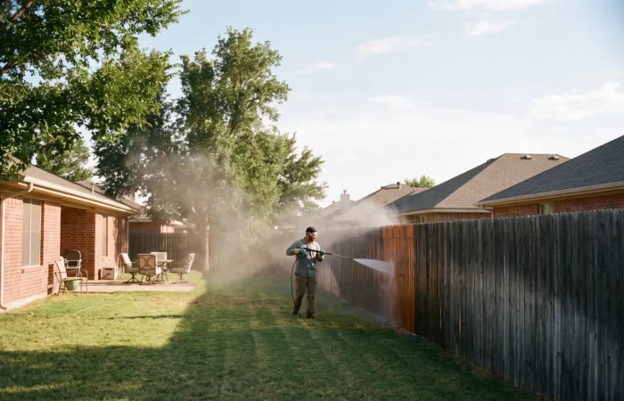How to prepare a fence for staining shown with a pressure washer cleaning cedar pickets