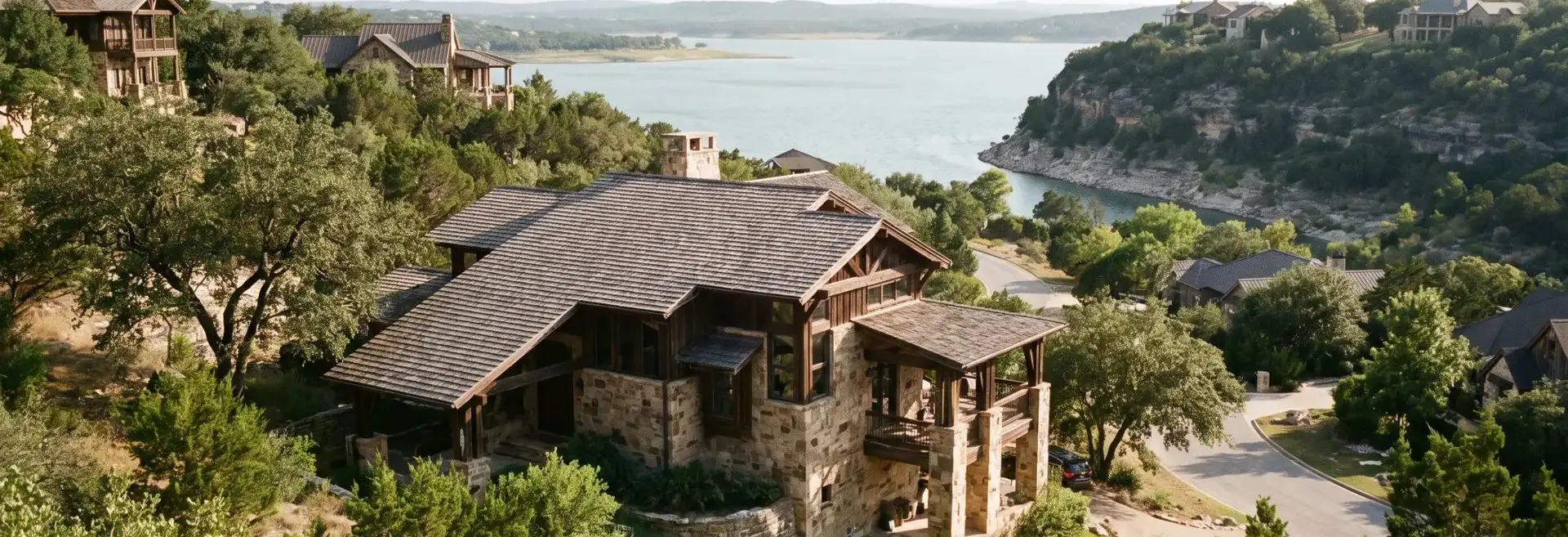 Ransom Canyon roofing contractor work on a custom home built into the canyon above the lake