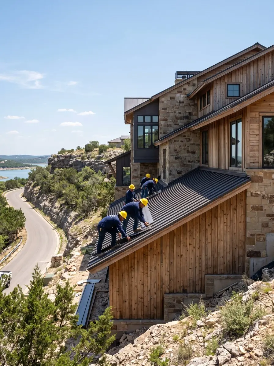 Ransom Canyon roofing contractor crew working a long roof valley on a canyon-side home with multiple roof planes