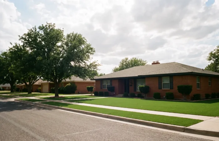 Does artificial turf add home value: a green synthetic lawn in front of a Lubbock brick home