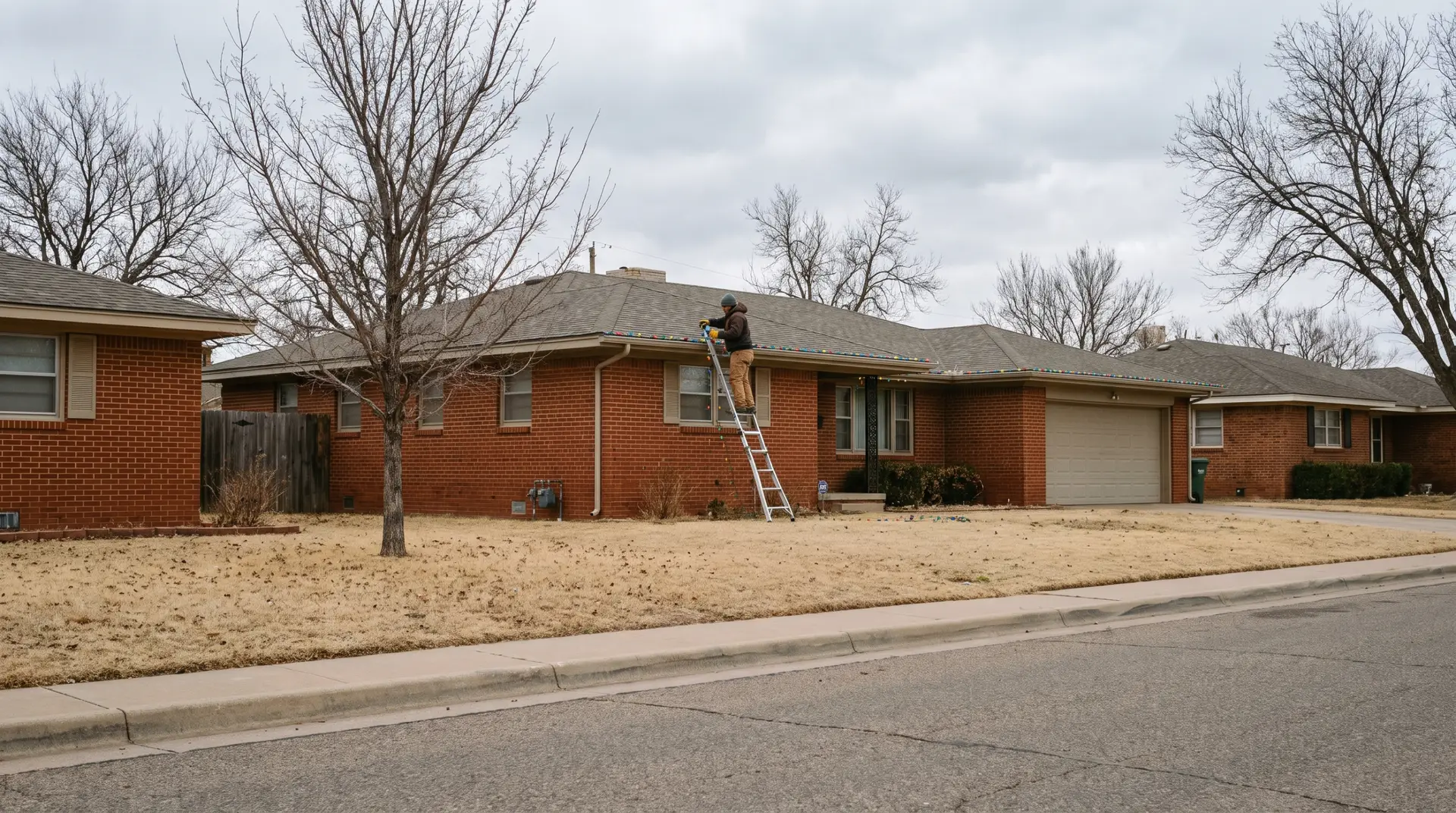 Crew handling Christmas light removal from a Lubbock home roofline on a cold January morning