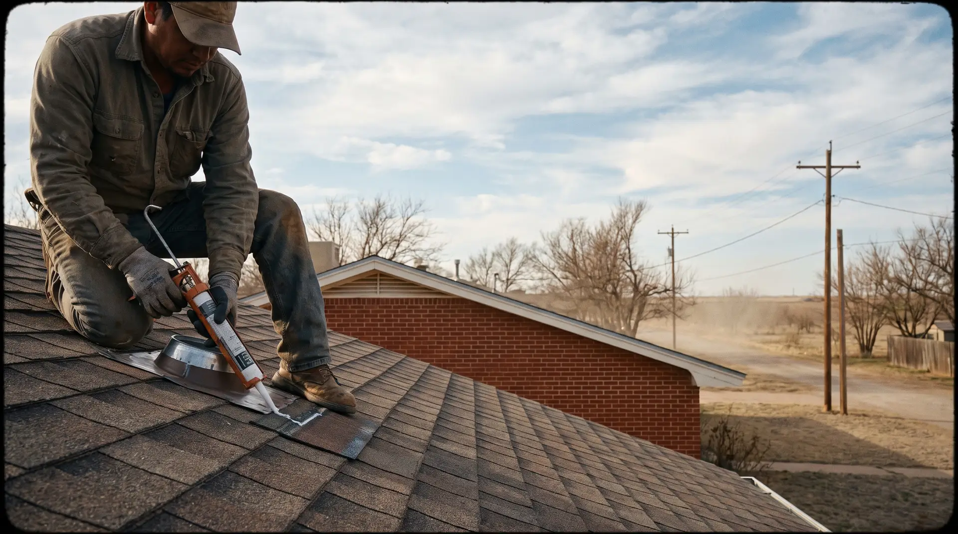 Roofer weaving new step flashing into shingle courses at a brick wall