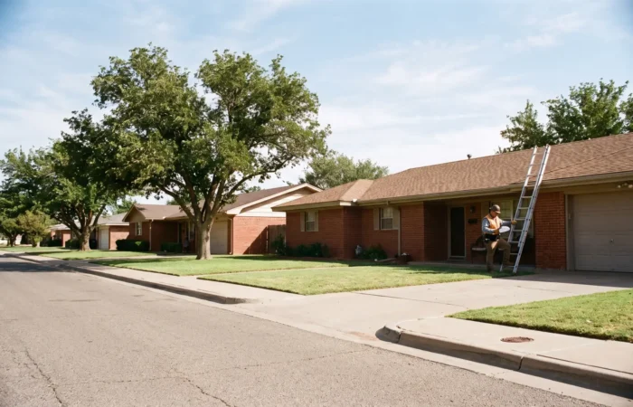Roofer performing a roof inspection on a Lubbock asphalt shingle slope with chalk marks