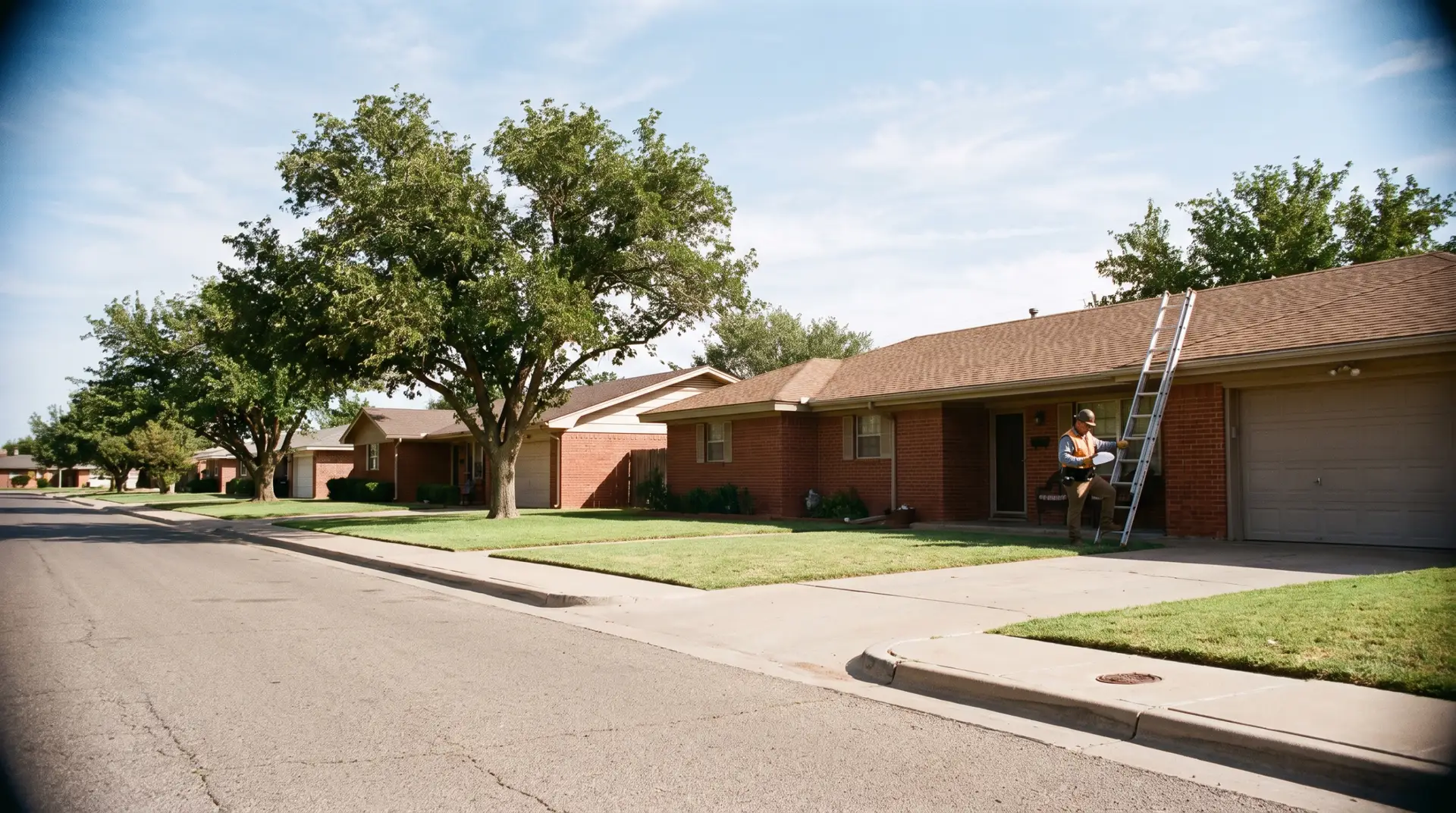 Roofer performing a roof inspection on a Lubbock asphalt shingle slope with chalk marks