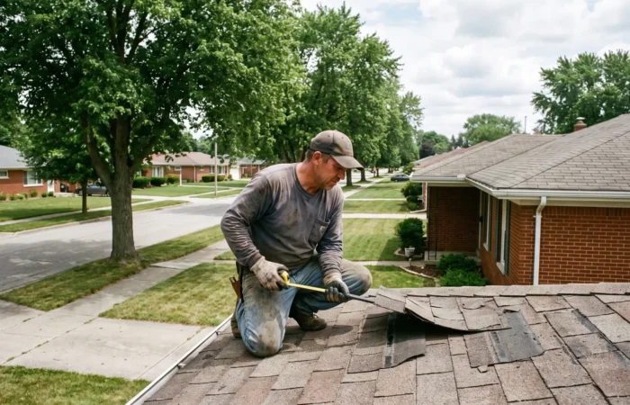 Roofer checking whether to roof over existing shingles on a Lubbock home roof edge