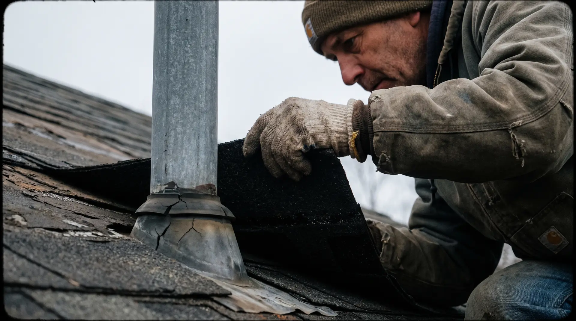Attic view of dark water staining along rafters below a failed roof penetration