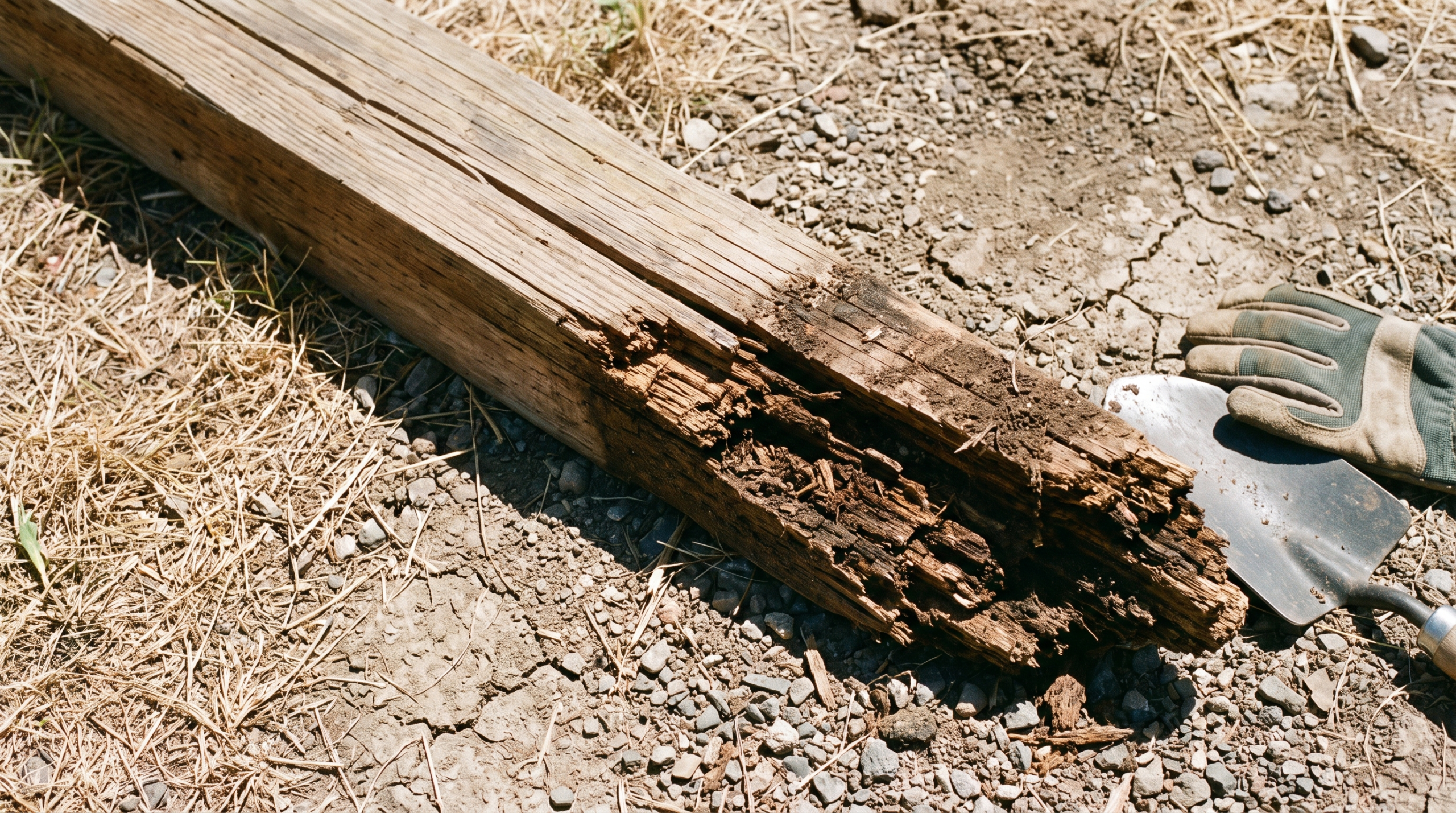 Rotted wooden fence post broken at the groundline beside a cracked concrete collar