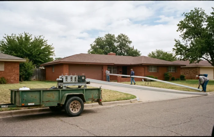 Continuous gutter installation along the fascia of a single story Lubbock brick home