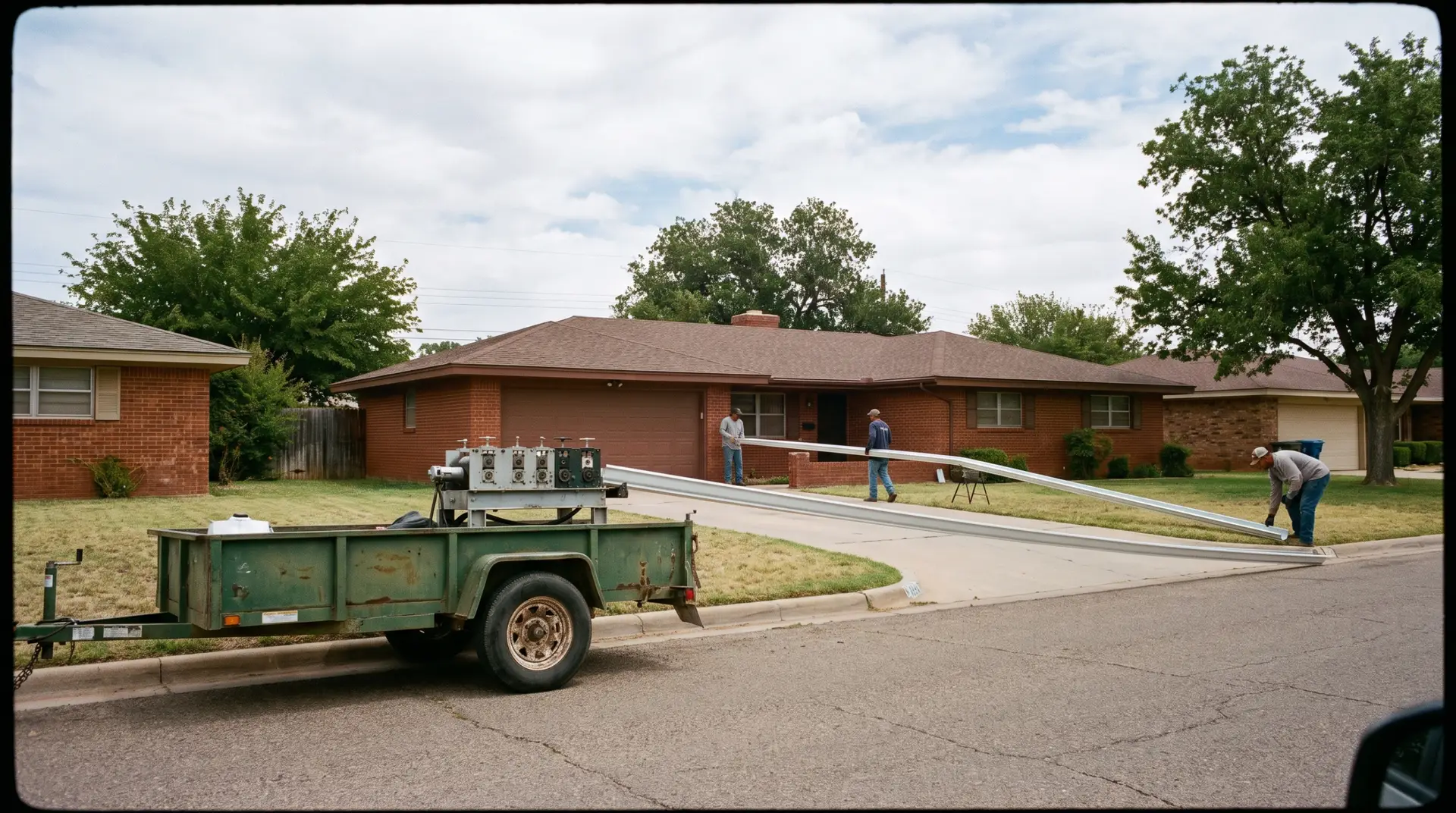 Continuous gutter installation along the fascia of a single story Lubbock brick home