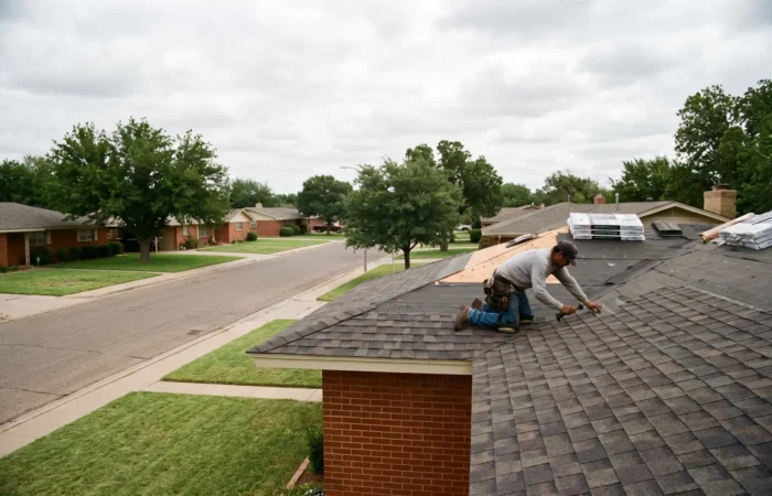 Weathered wood shingle colors on a red brick ranch home roof in Lubbock Texas