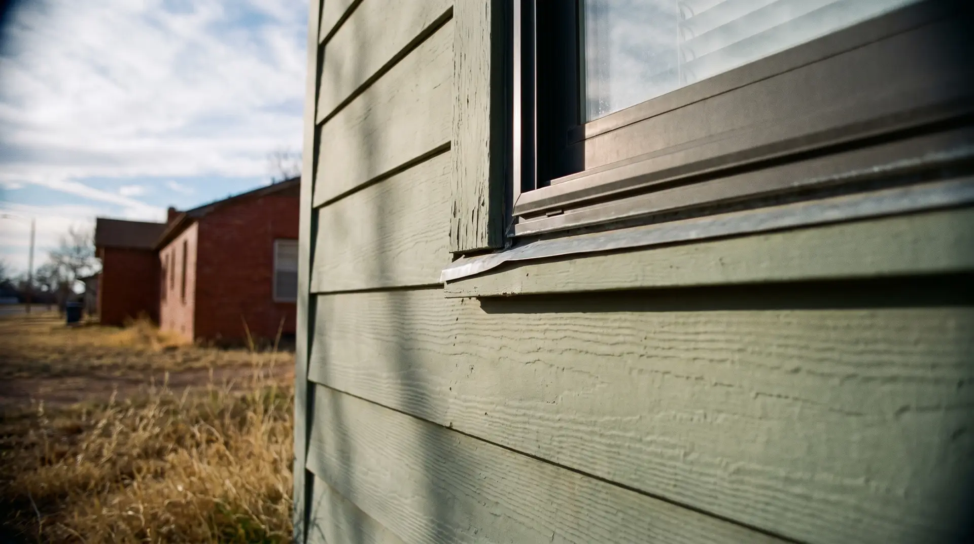 Close detail of fiber cement lap siding boards and window flashing on a West Texas house