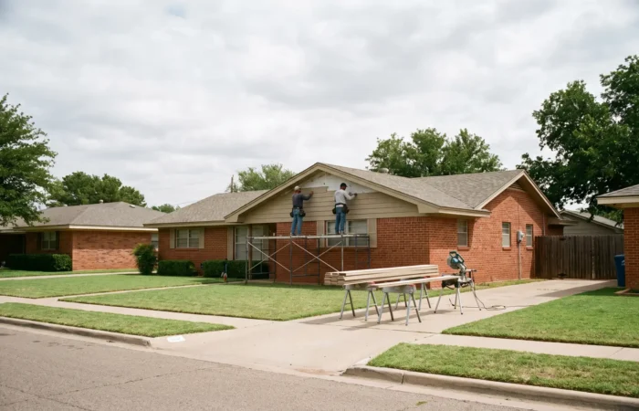 Crew installing fiber cement siding options on a Lubbock brick ranch home wall