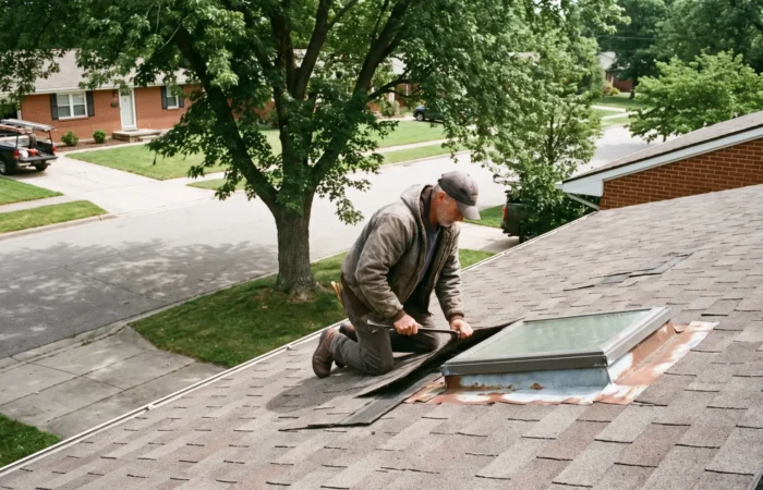 Roofer inspecting flashing around a skylight leak on a Lubbock home roof