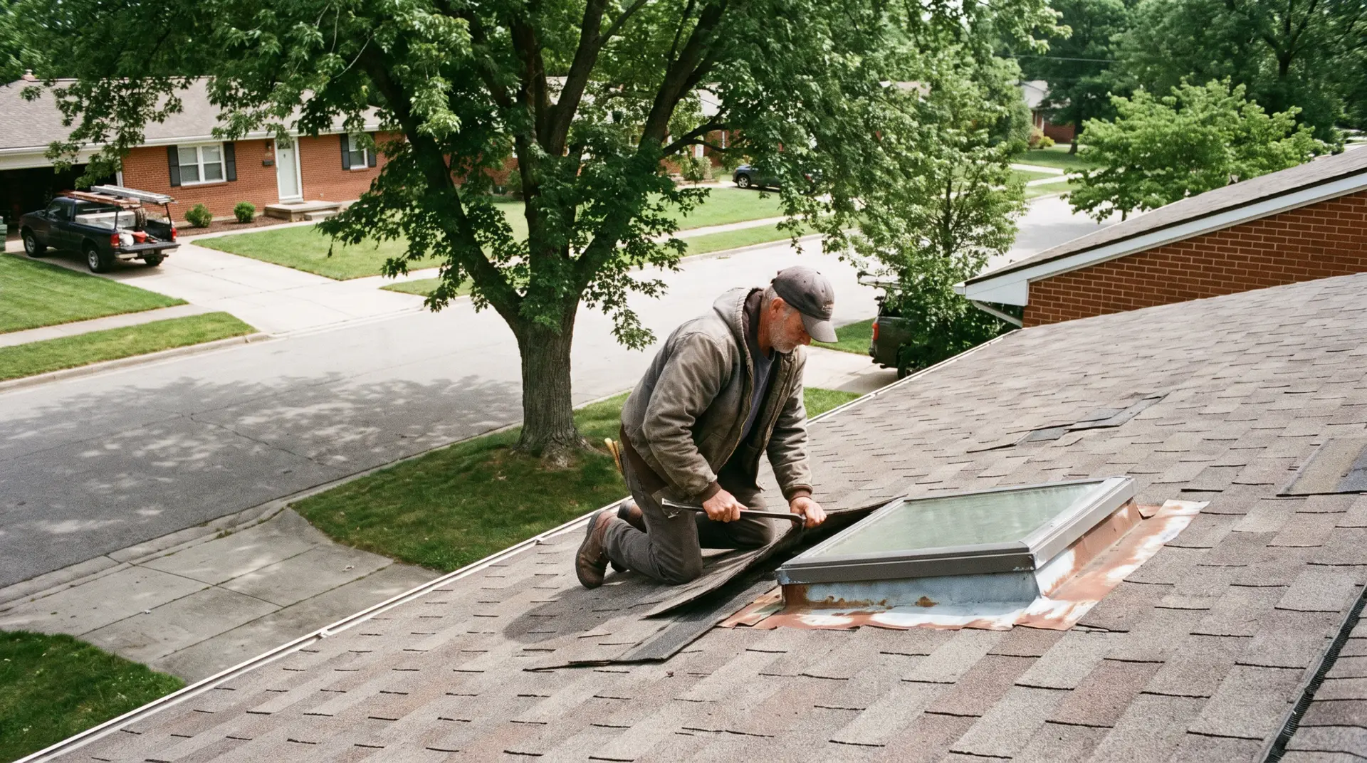 Roofer inspecting flashing around a skylight leak on a Lubbock home roof
