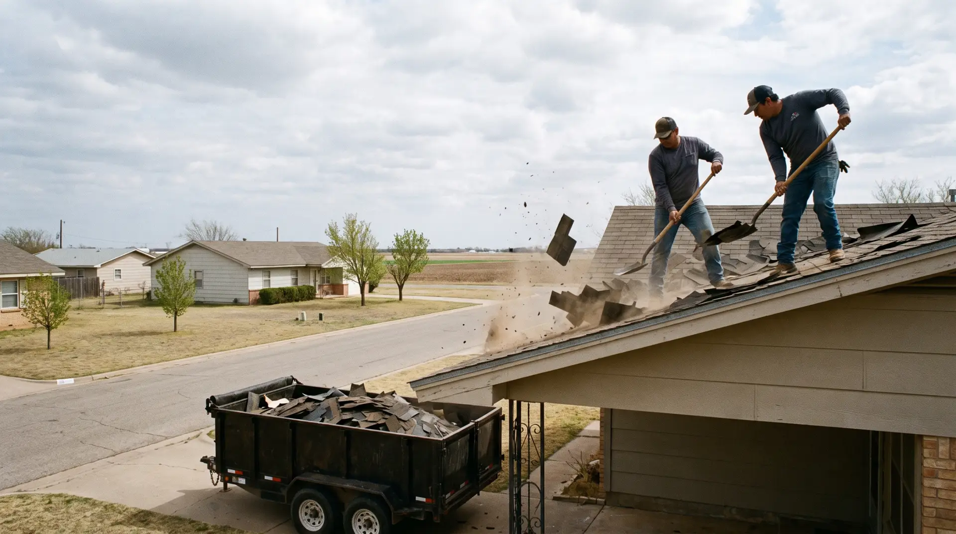 Slaton roofing crew replacing shingles on an older single-story home on an open lot