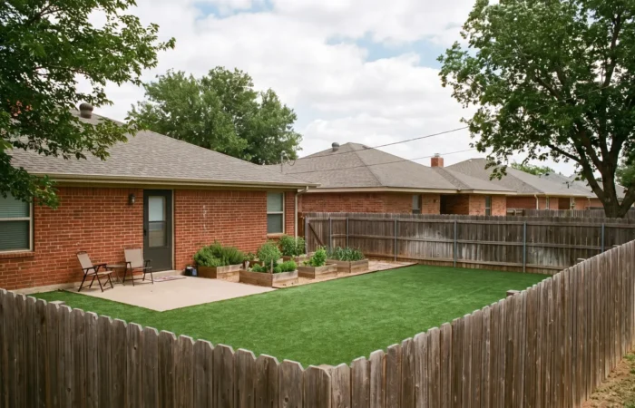 Artificial turf for small backyards installed beside a concrete patio in Lubbock