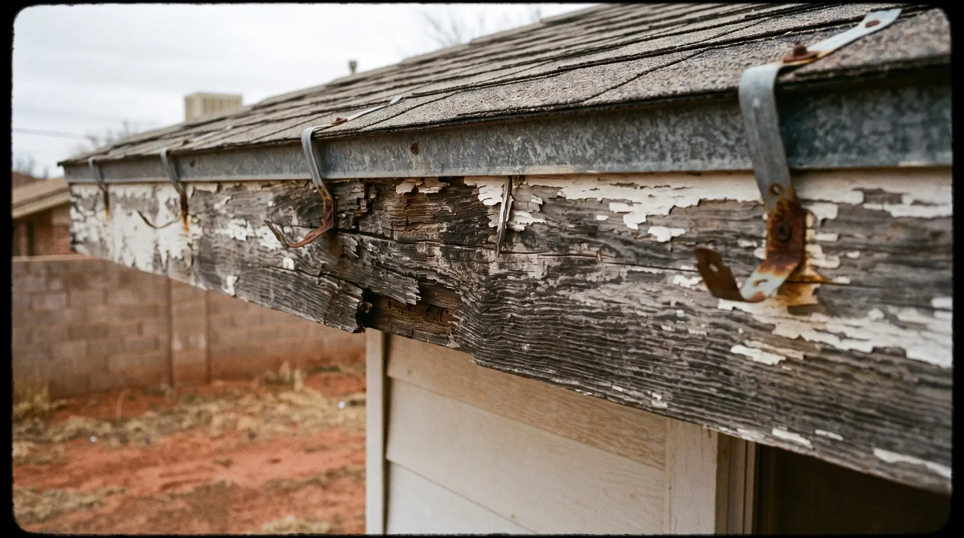 Close detail of rotted fascia board and loose gutter fasteners on a West Texas house