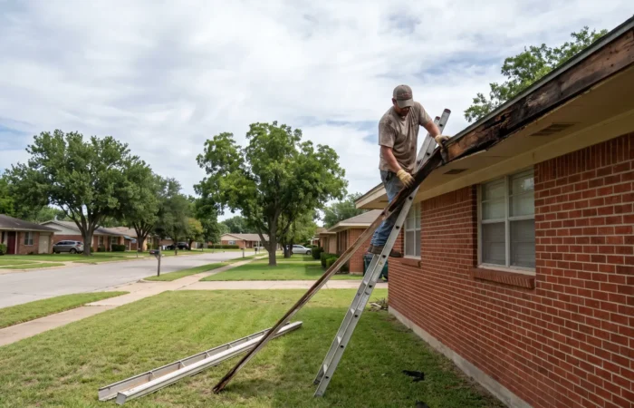 Damaged soffit and fascia along the roof edge of a Lubbock brick ranch home