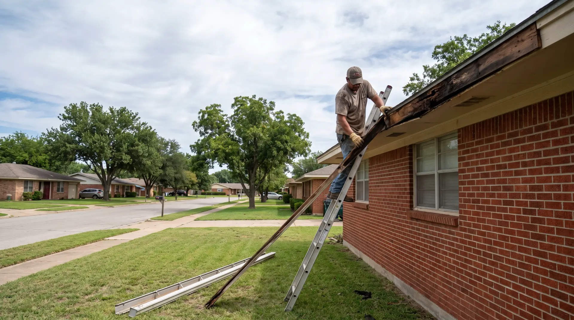 Damaged soffit and fascia along the roof edge of a Lubbock brick ranch home