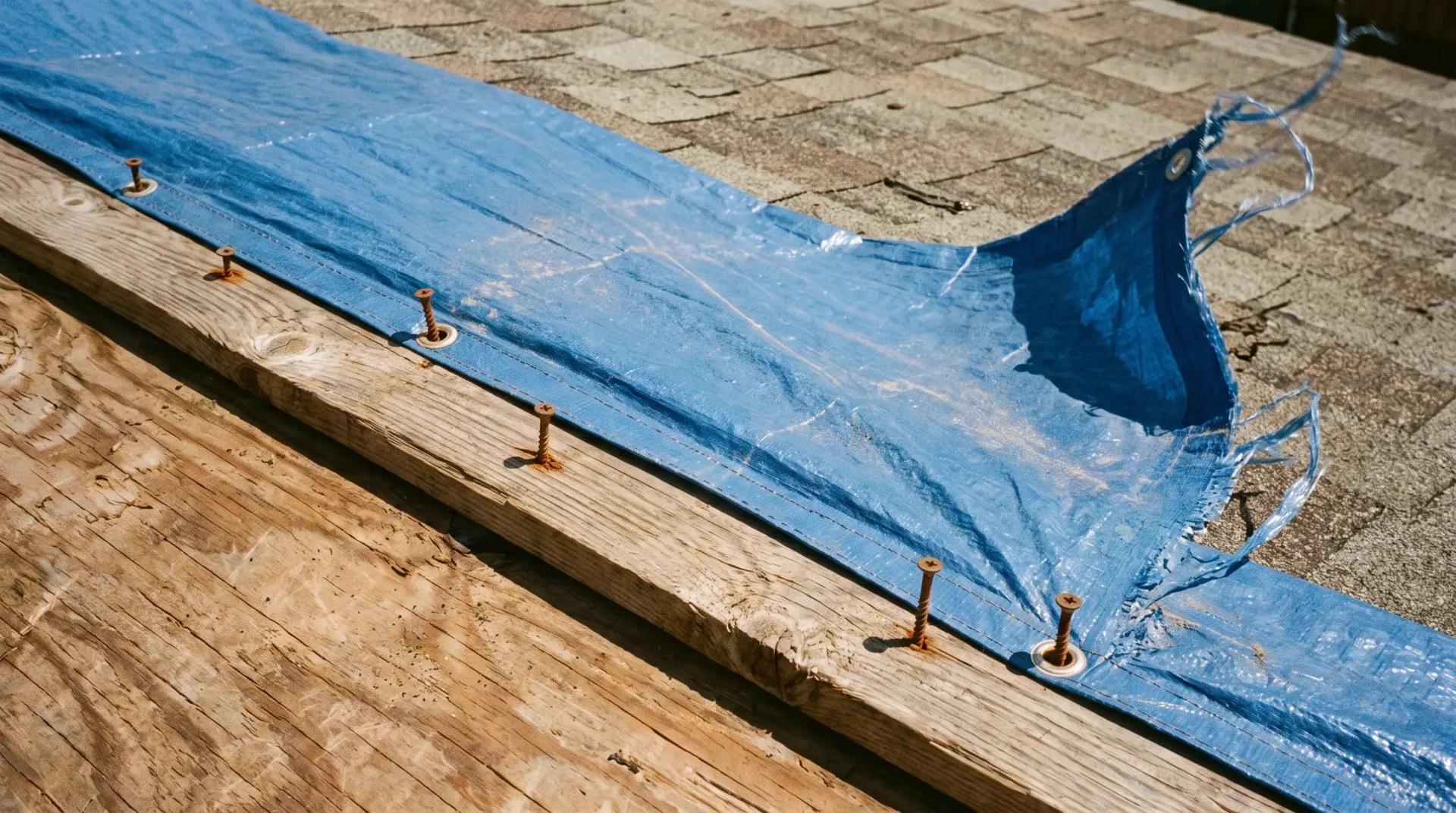 Hail damaged asphalt shingles and exposed decking on a West Texas house after a spring storm