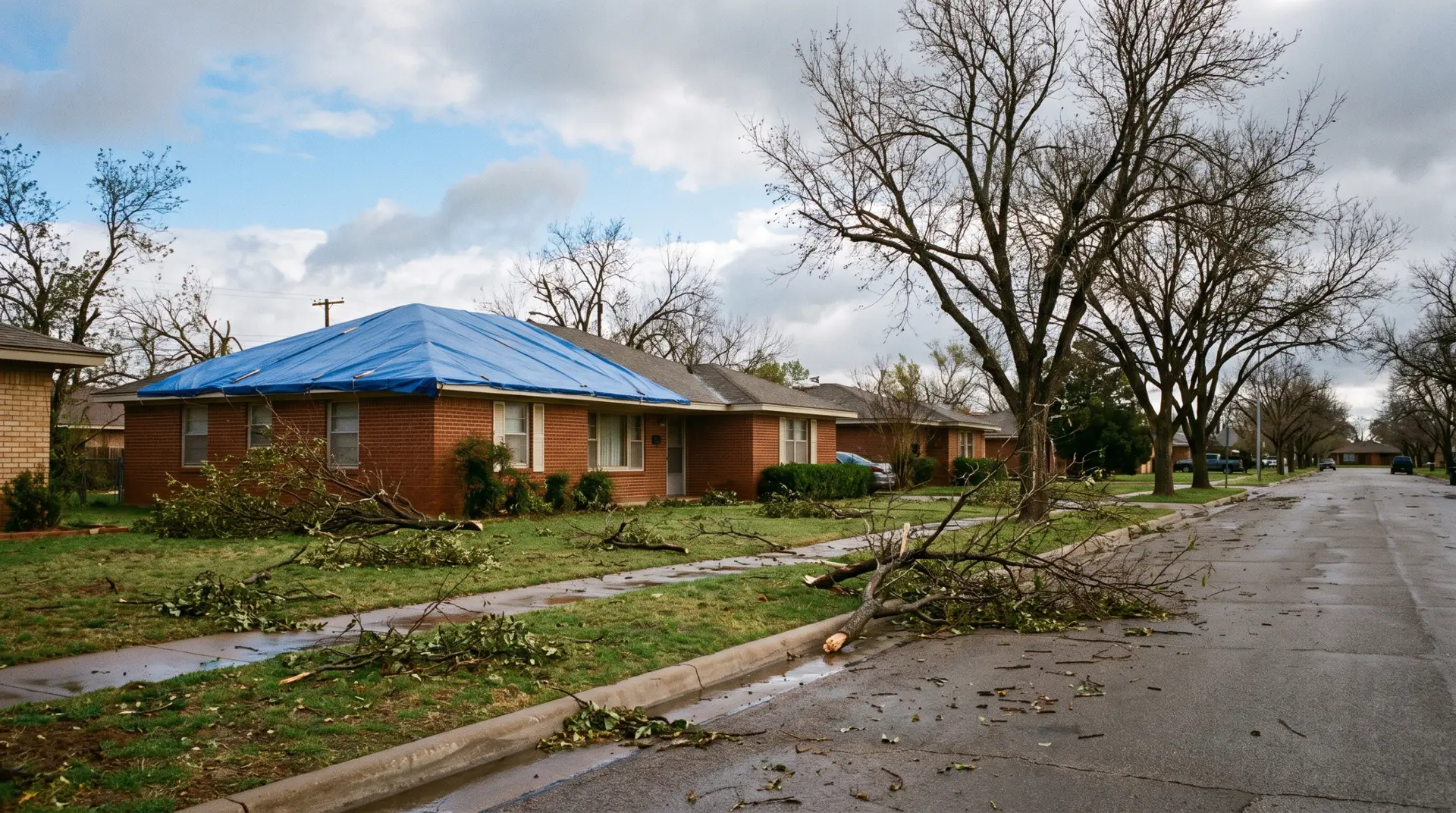 Blue reinforced tarp screwed down across a two story roof slope in Lubbock, Texas