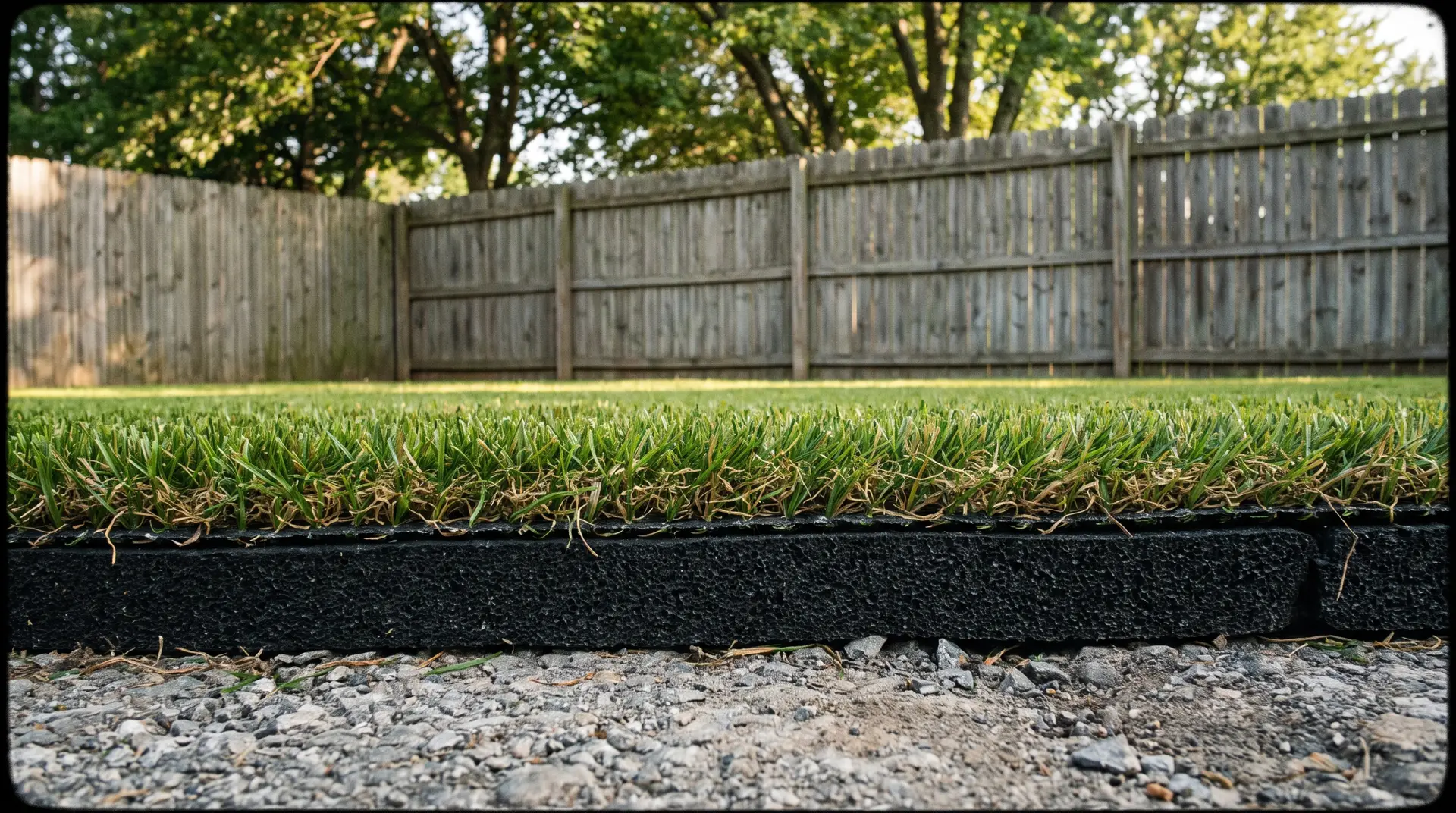 Close detail of a shock pad layer beneath synthetic play turf and compacted base
