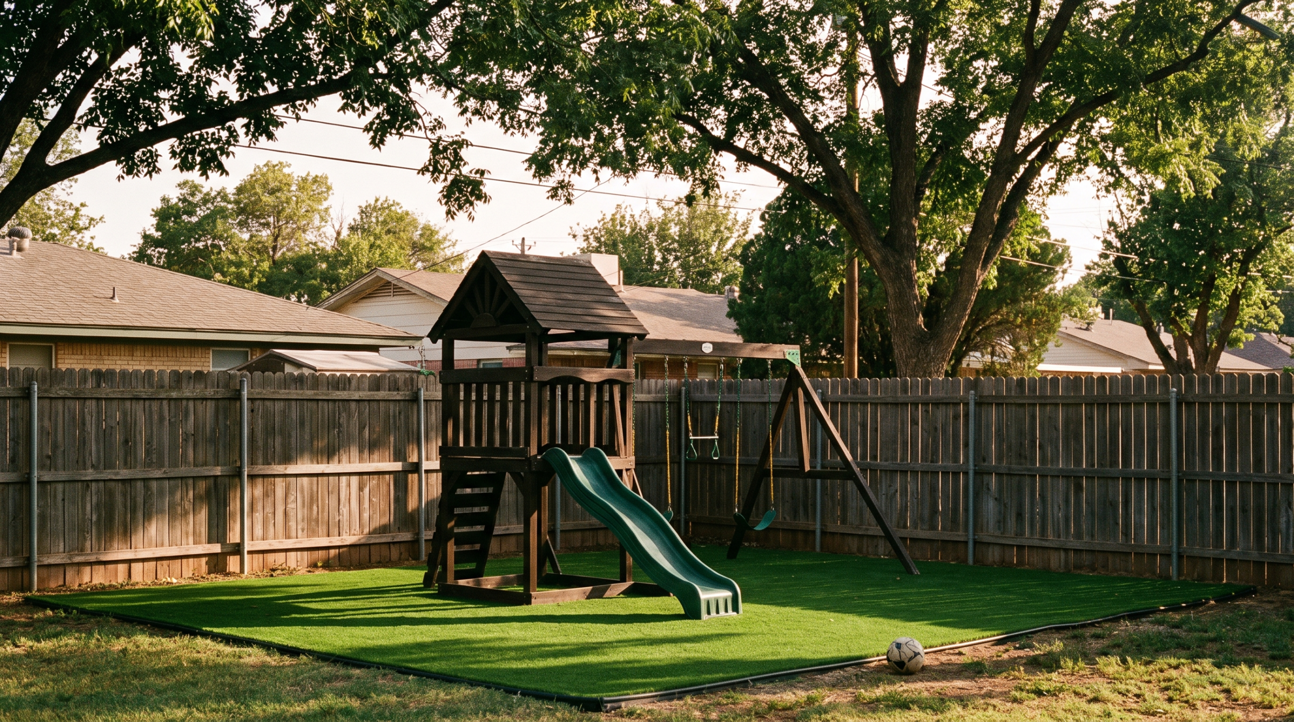 Finished synthetic play surface around swings at a West Texas residential property
