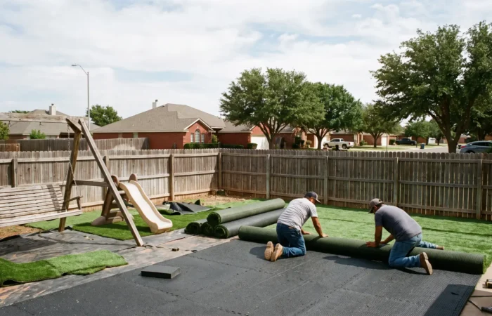 Artificial turf for playgrounds installed under a backyard play structure in Lubbock