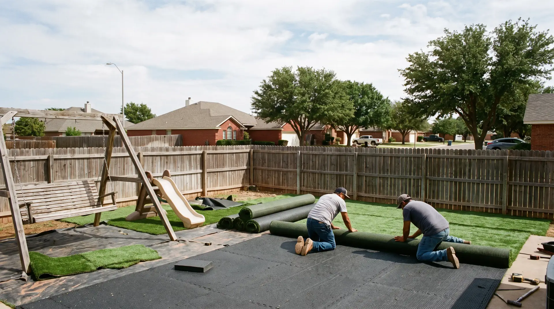 Artificial turf for playgrounds installed under a backyard play structure in Lubbock