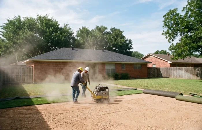 Crew compacting crushed base rock during the artificial turf installation process in a Lubbock backyard