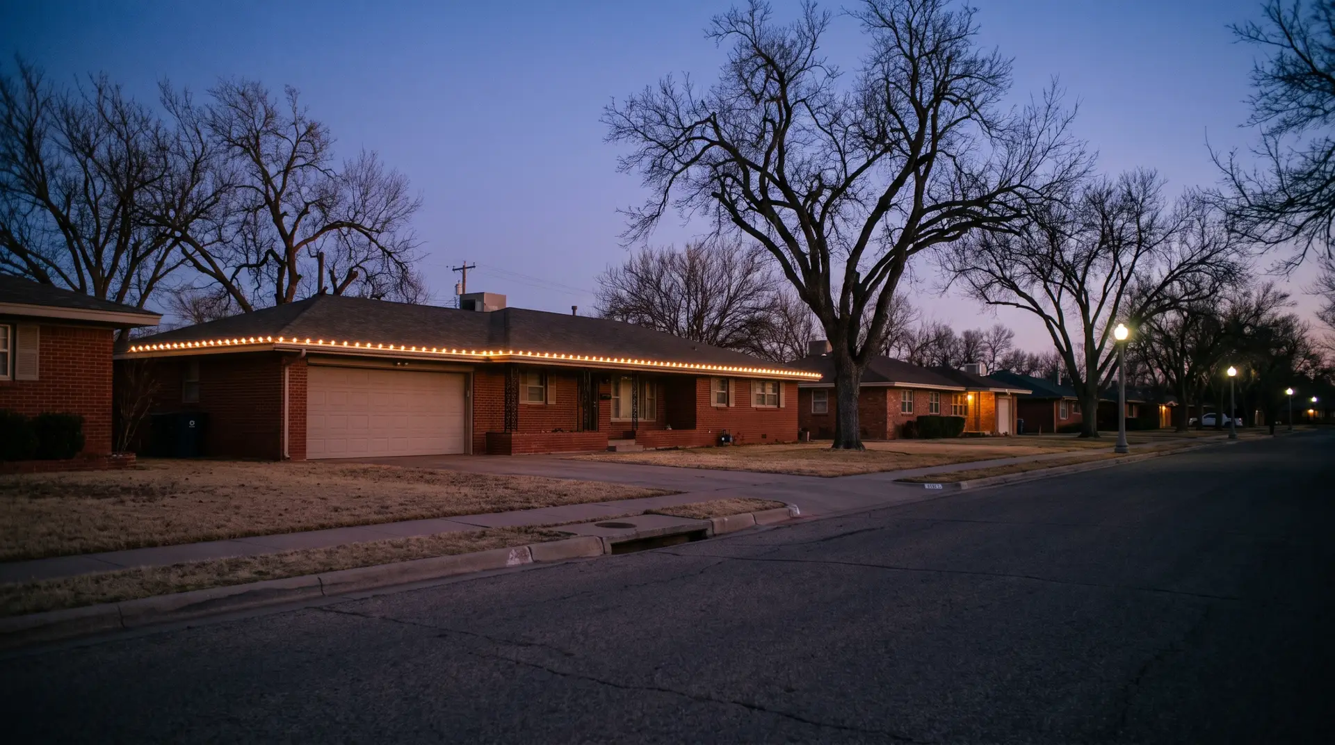 Warm white mini lights wrapped tightly around a front yard tree trunk in Lubbock