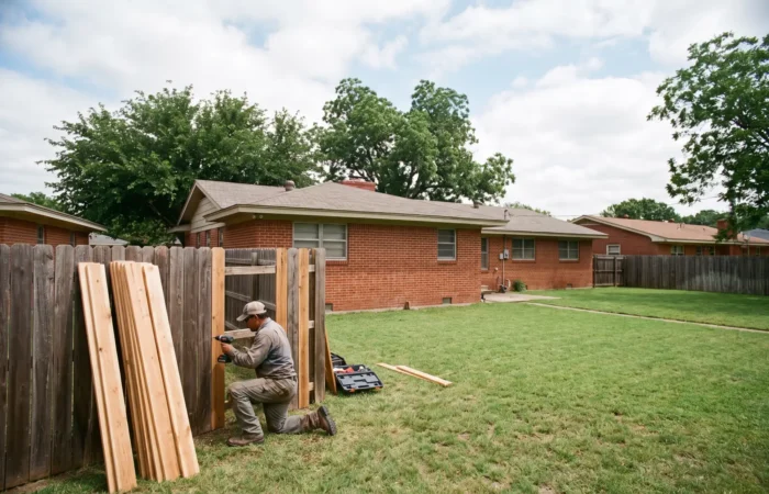 Homeowner testing a loose post while weighing fence repair vs replacement on a Lubbock cedar fence
