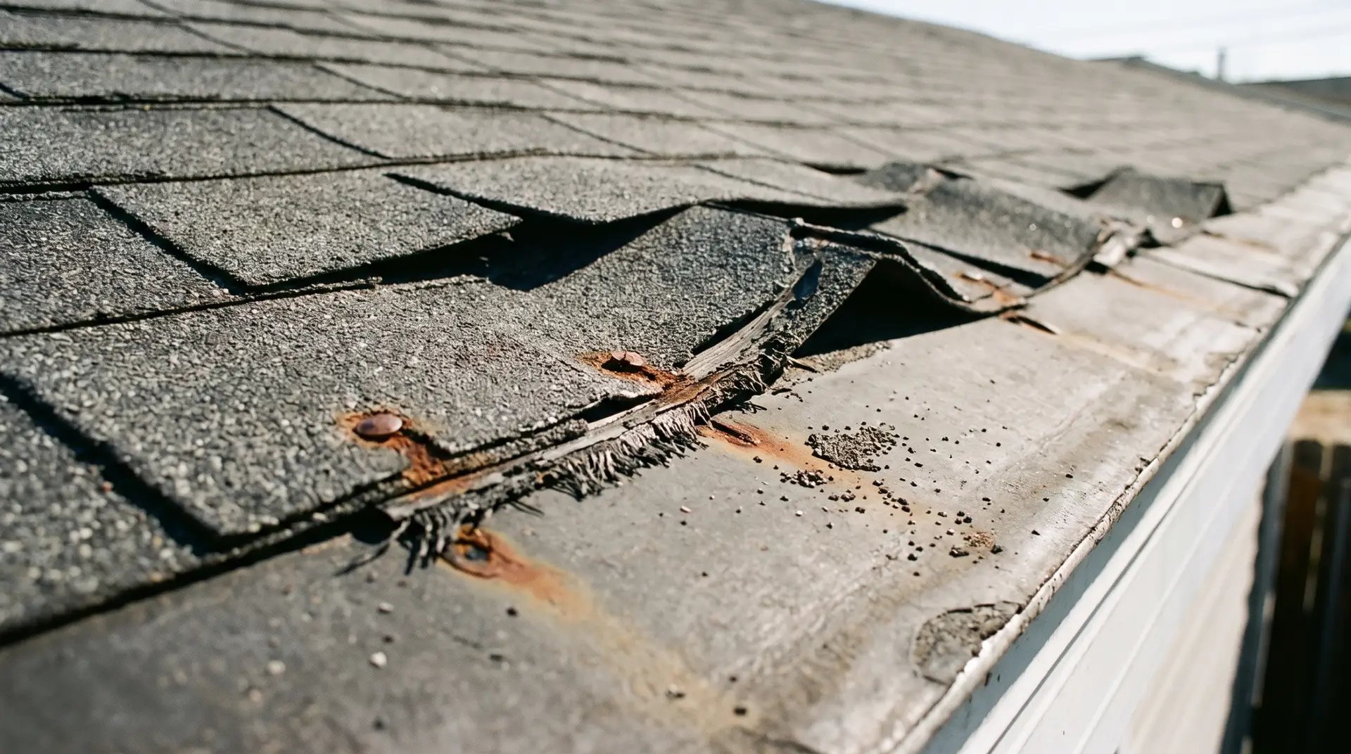 Hail bruising and granule loss visible on an asphalt shingle slope after a West Texas spring storm
