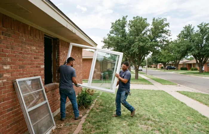 Crew fitting a new vinyl window replacement unit into a Lubbock brick home opening